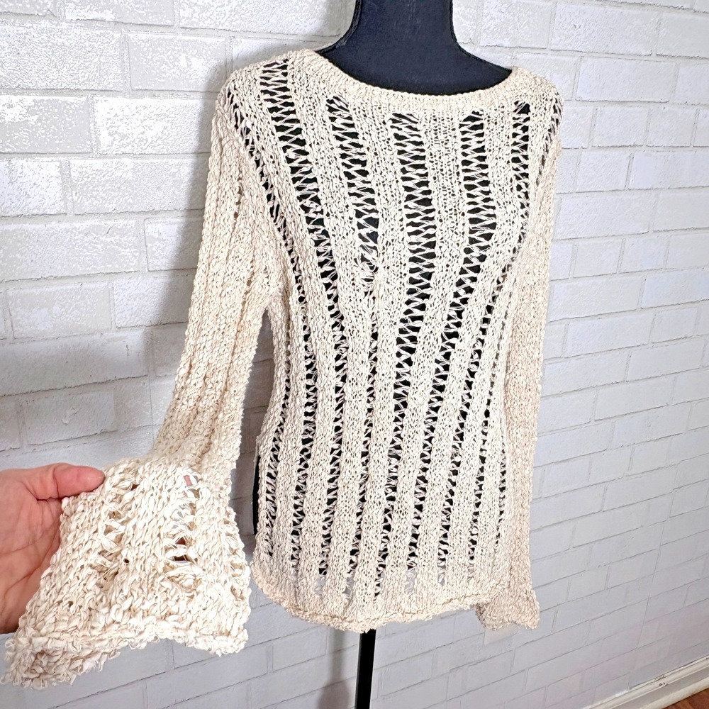 Womens Loose Knit Crochet Sweater Medium Bell Sleeve Boho Beach Coastal Festival